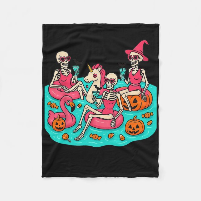 Summerween Skeleton Flamingo Just Waiting For Hall Fleece Blanket (Front)