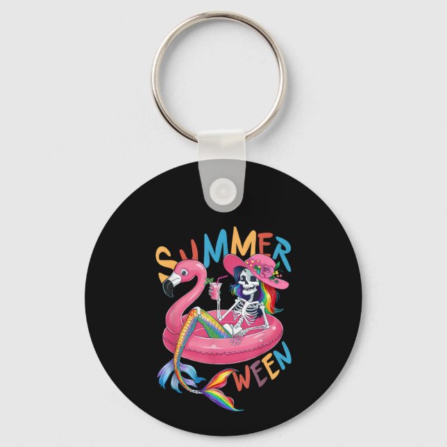 Summerween Skeleton Flamingo Summer Halloween Wome Key Ring (Front)
