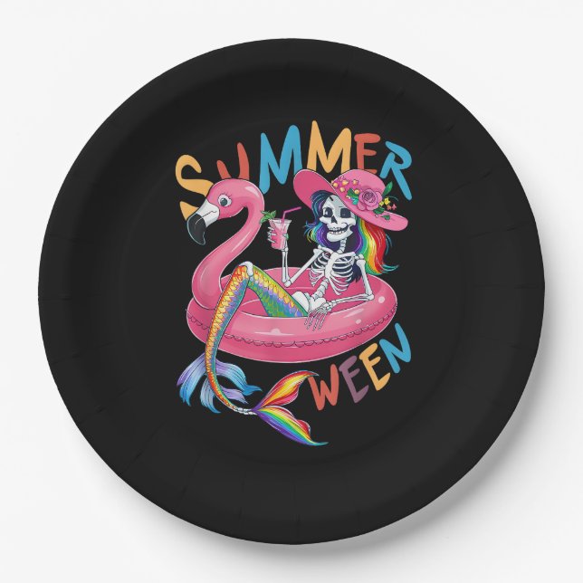 Summerween Skeleton Flamingo Summer Halloween Wome Paper Plate (Front)