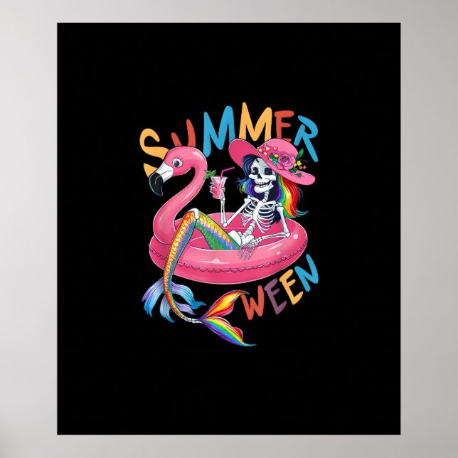 Summerween Skeleton Flamingo Summer Halloween Wome Poster (Front)