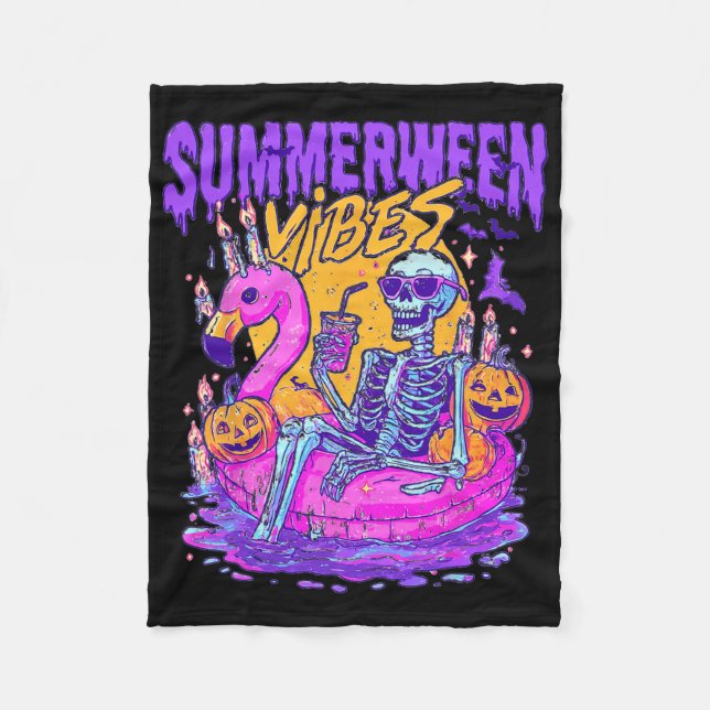 Summerween Skeleton Float Halloween Flamingo Vibes Fleece Blanket (Front)