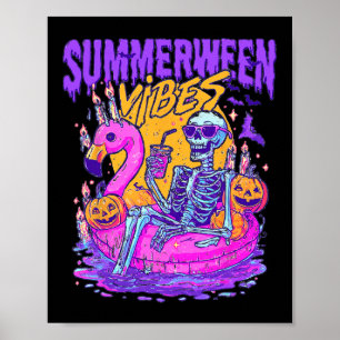 Summerween Skeleton Float Halloween Flamingo Vibes Poster