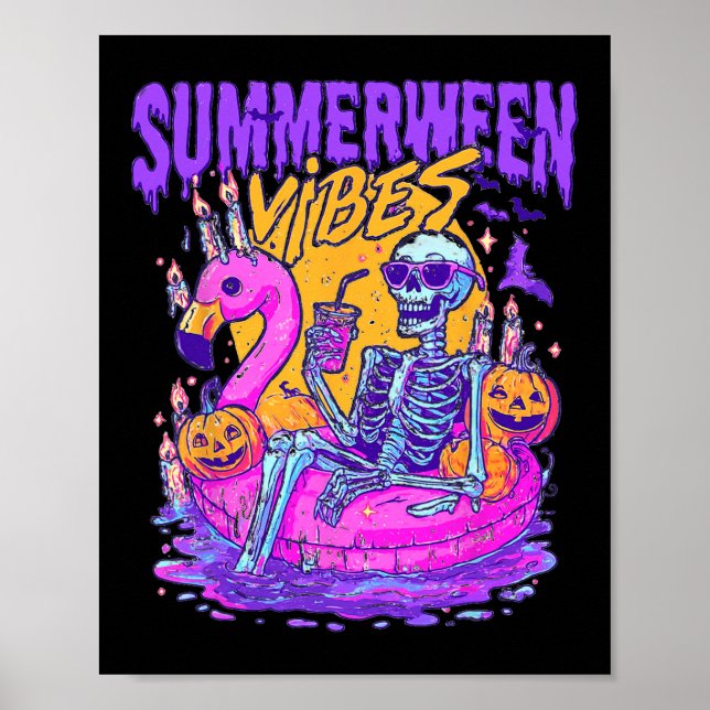 Summerween Skeleton Float Halloween Flamingo Vibes Poster (Front)