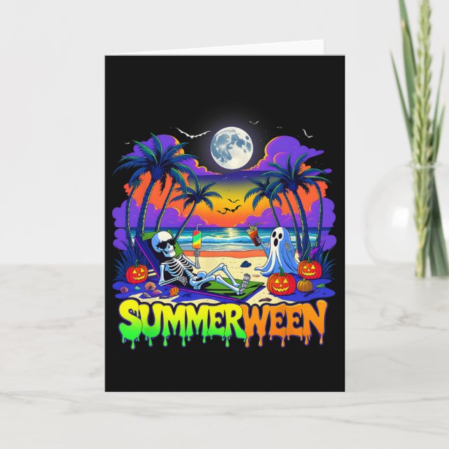 Summerween Skeleton Ghost Beach Funny Spooky Hallo Card (Front)