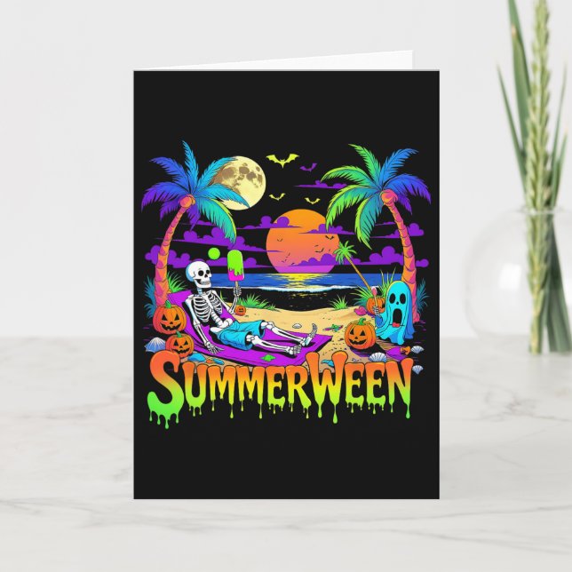Summerween Skeleton Ghost Beach Funny Spooky Hallo Card (Front)