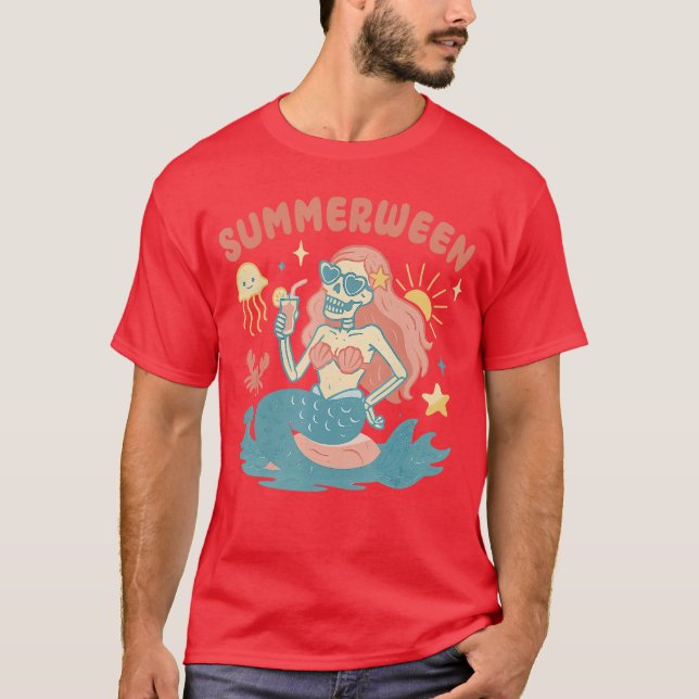 Summerween Skeleton Mermaid Beach Flamingo Hallowe T-Shirt (Front)