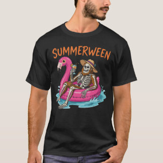 Summerween Skeleton Pool Party Flamingo Float Kids T-Shirt