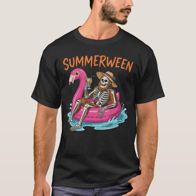 Summerween Skeleton Pool Party Flamingo Float Kids T-Shirt (Front)