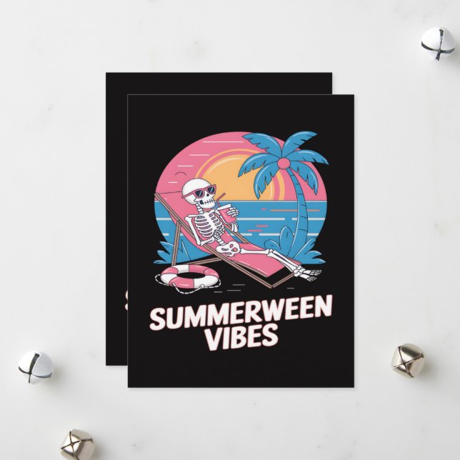Summerween Skeleton Summer Vacation Beach Funny Holiday Card (Front/Back In Situ)