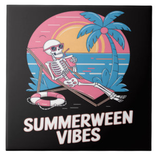 Summerween Skeleton Summer Vacation Beach Funny Tile