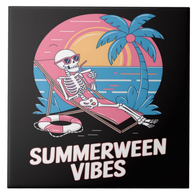 Summerween Skeleton Summer Vacation Beach Funny Tile (Front)