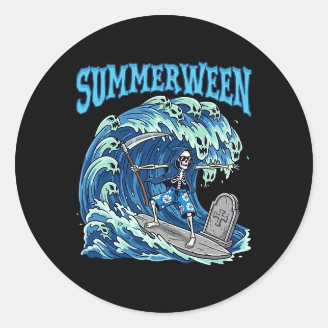 Summerween Skeleton Surf Grim Reaper Beach Spooky  Classic Round Sticker (Front)