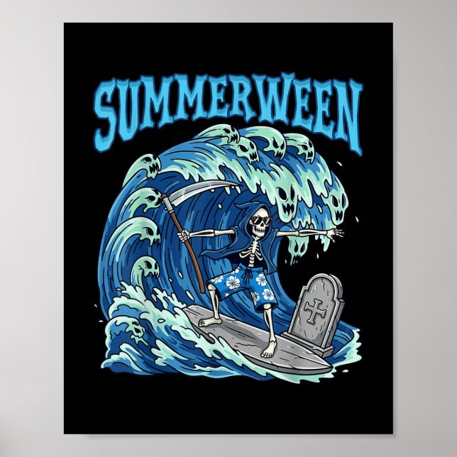 Summerween Skeleton Surf Grim Reaper Beach Spooky  Poster (Front)