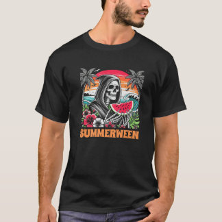 Summerween Skeleton Tropical Beach Scene Premium T-Shirt