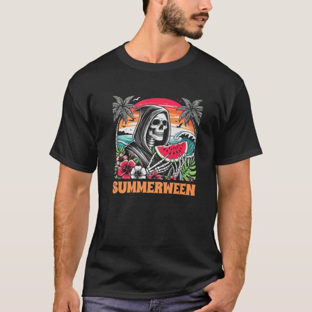 Summerween Skeleton Tropical Beach Scene Premium  T-Shirt (Front)
