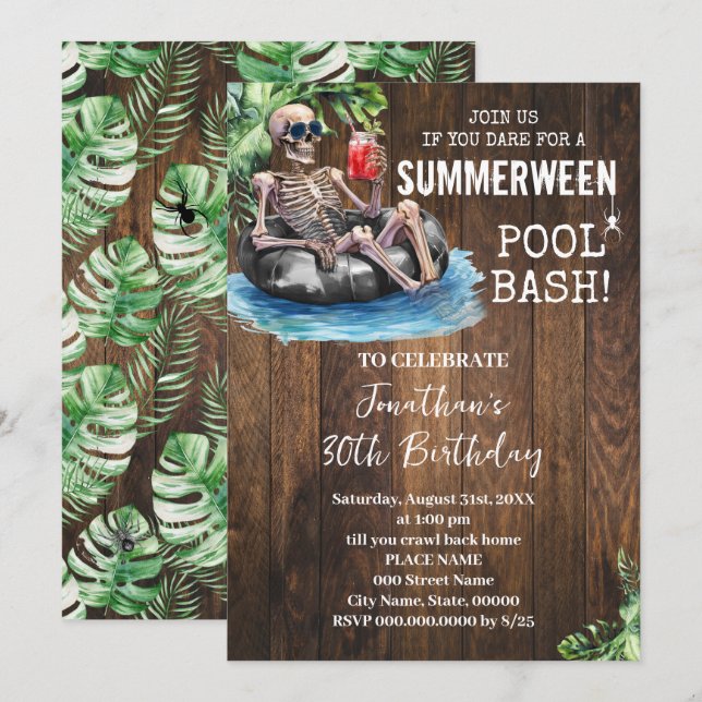 Summerween Skeleton Tropical Halloween Birthday Invitation (Front/Back)