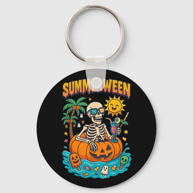 Summerween Skeleton Vibes Chillin In A Pumpkin Flo Key Ring (Front)