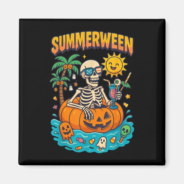 Summerween Skeleton Vibes Chillin In A Pumpkin Flo Magnet (Front)