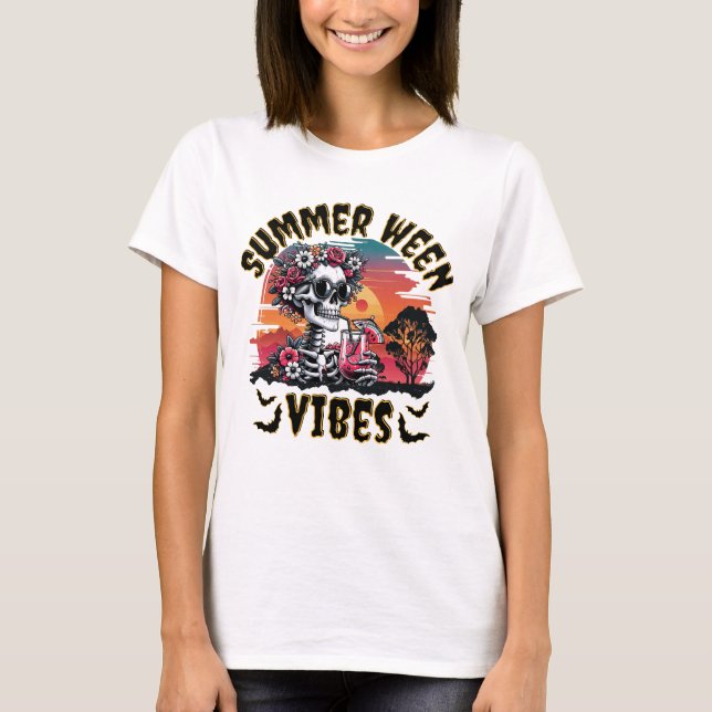 Summerween Sunset Floral Skeleton Watermelon Juice T-Shirt (Front)