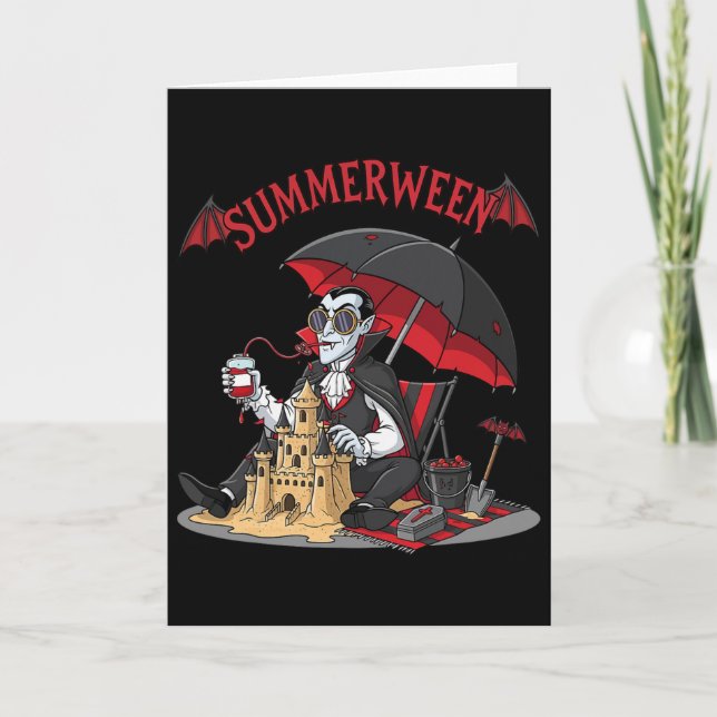 Summerween Vampire Beach Dracula Sandcastle Gothic Card (Front)
