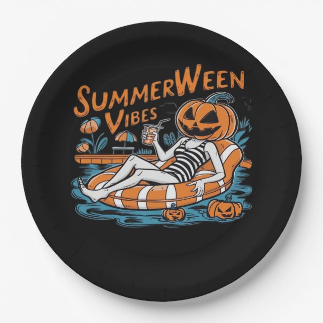Summerween Vibes For Spooky Summer, Halloween Gift Paper Plate (Front)