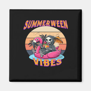 Summerween Vibes Grim Reaper Flamingo Float Retro Magnet