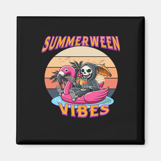 Summerween Vibes Grim Reaper Flamingo Float Retro  Magnet (Front)