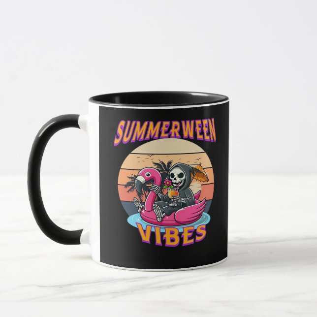 Summerween Vibes Grim Reaper Flamingo Float Retro  Mug (Left)