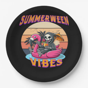 Summerween Vibes Grim Reaper Flamingo Float Retro  Paper Plate