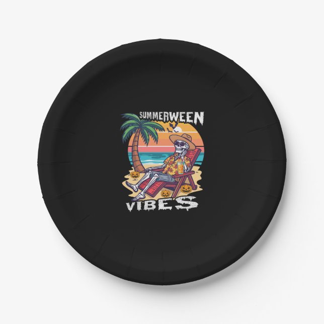 Summerween Vibes Halloween Skeleton Paper Plate (Front)