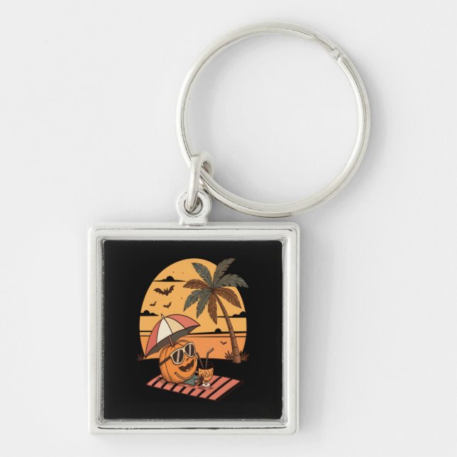 Summerween Vibes – Pumpkin On Vacation Key Ring (Front)