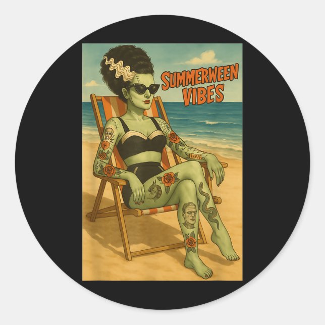 Summerween Vibes Retro Beach Gothic Style Tee  Classic Round Sticker (Front)
