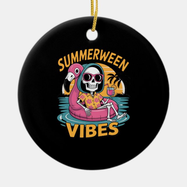 Summerween Vibes Skeleton Flamingo Float Summer Ha Ceramic Tree Decoration (Front)