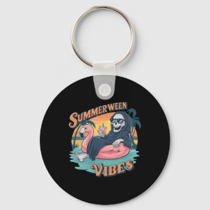 Summerween Vibes Skeleton Flamingo Float Summer Ha Key Ring