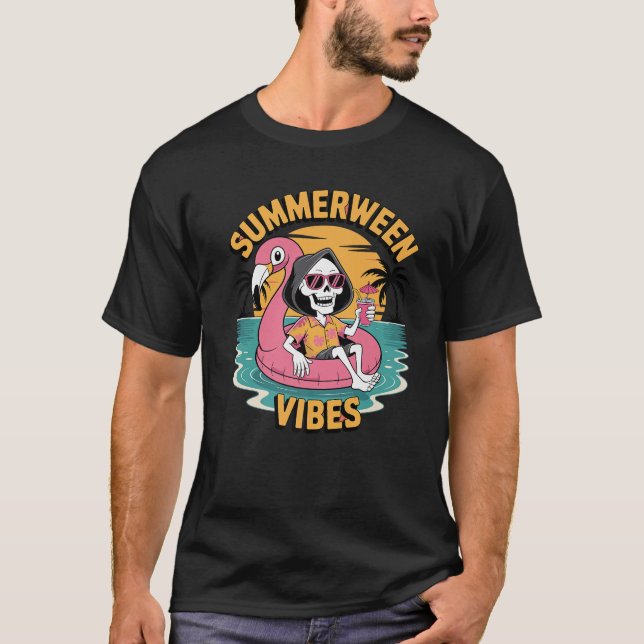 Summerween Vibes Skeleton Flamingo Float Summer Ha T-Shirt (Front)