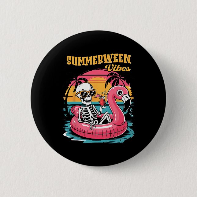Summerween Vibes Skeleton Flamingo Spooky Hallowee 6 Cm Round Badge (Front)