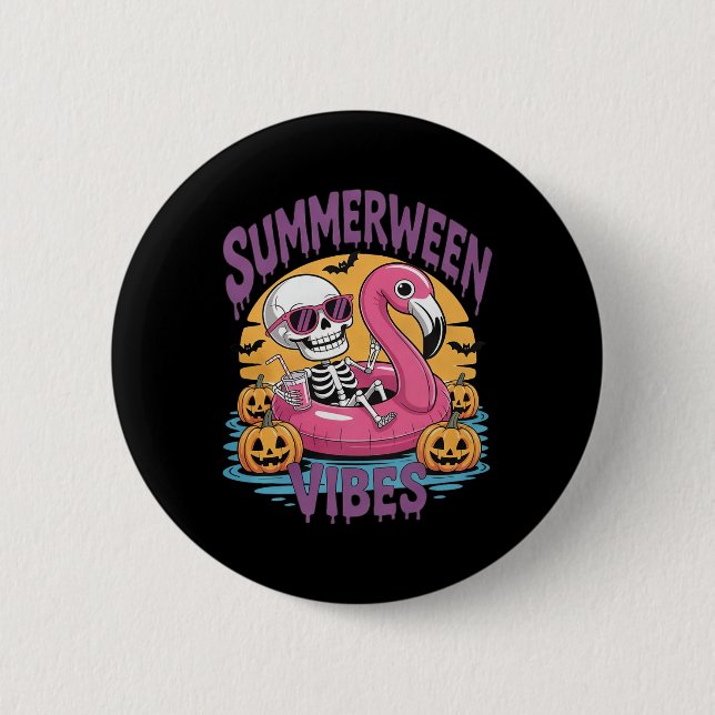 Summerween Vibes Skeleton Flamingo Spooky Hallowee 6 Cm Round Badge (Front)