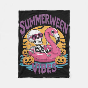 Summerween Vibes Skeleton Flamingo Spooky Hallowee Fleece Blanket