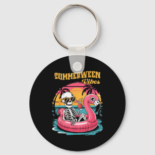 Summerween Vibes Skeleton Flamingo Spooky Hallowee Key Ring