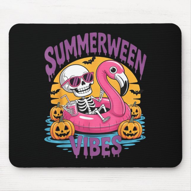 Summerween Vibes Skeleton Flamingo Spooky Hallowee Mouse Mat (Front)