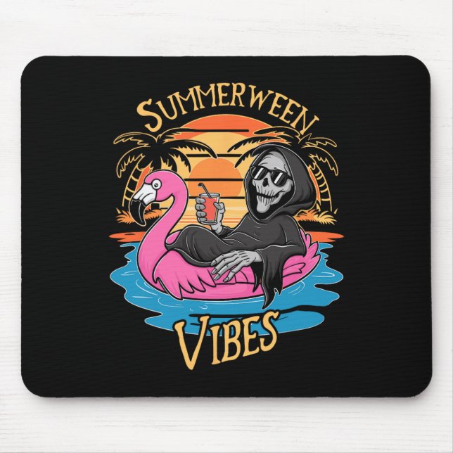 Summerween Vibes Skeleton Flamingo Spooky Hallowee Mouse Mat (Front)