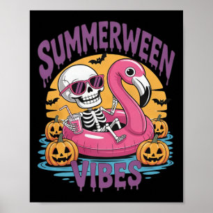 Summerween Vibes Skeleton Flamingo Spooky Hallowee Poster