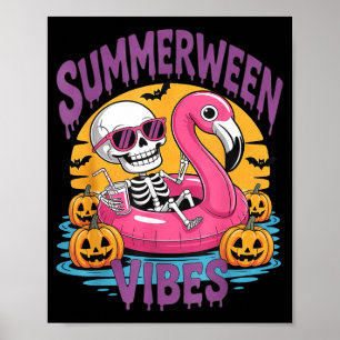 Summerween Vibes Skeleton Flamingo Spooky Hallowee Poster