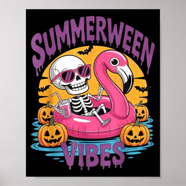Summerween Vibes Skeleton Flamingo Spooky Hallowee Poster (Front)