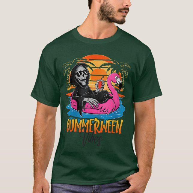 Summerween Vibes Skeleton Flamingo Spooky Hallowee T-Shirt (Front)