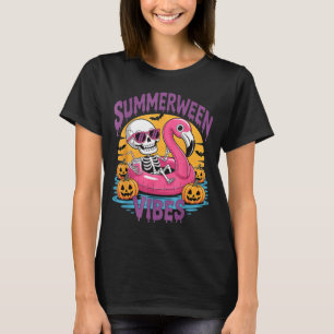 Summerween Vibes Skeleton Flamingo Spooky Hallowee T-Shirt