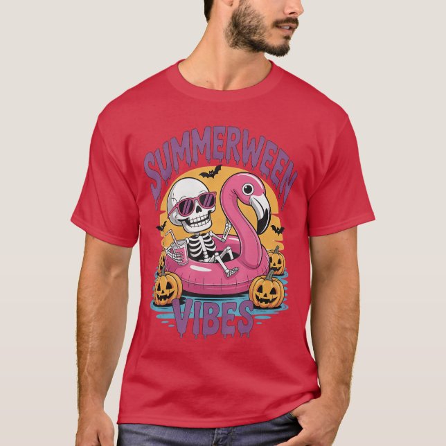 Summerween Vibes Skeleton Flamingo Spooky Hallowee T-Shirt (Front)