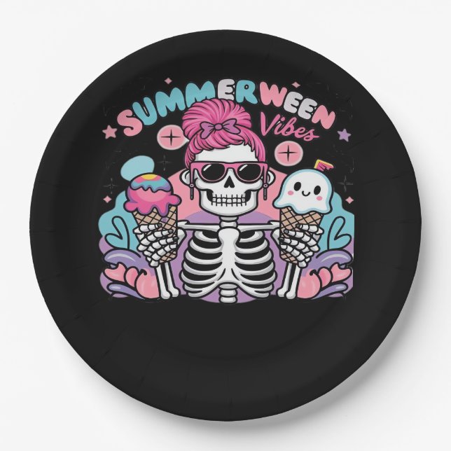 Summerween Vibes Skeleton IceCream Summer Vacation Paper Plate (Front)