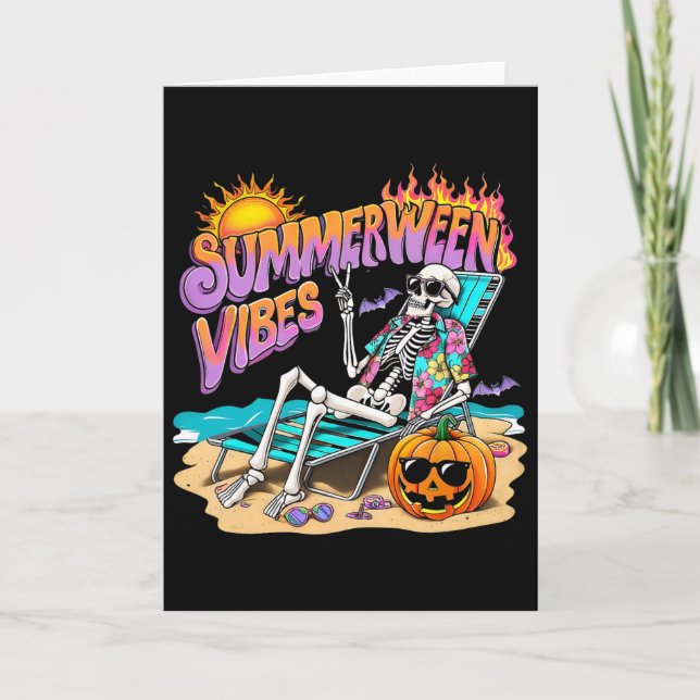 Summerween Vibes Skeleton Pumpkin Spooky Vacation  Card (Front)