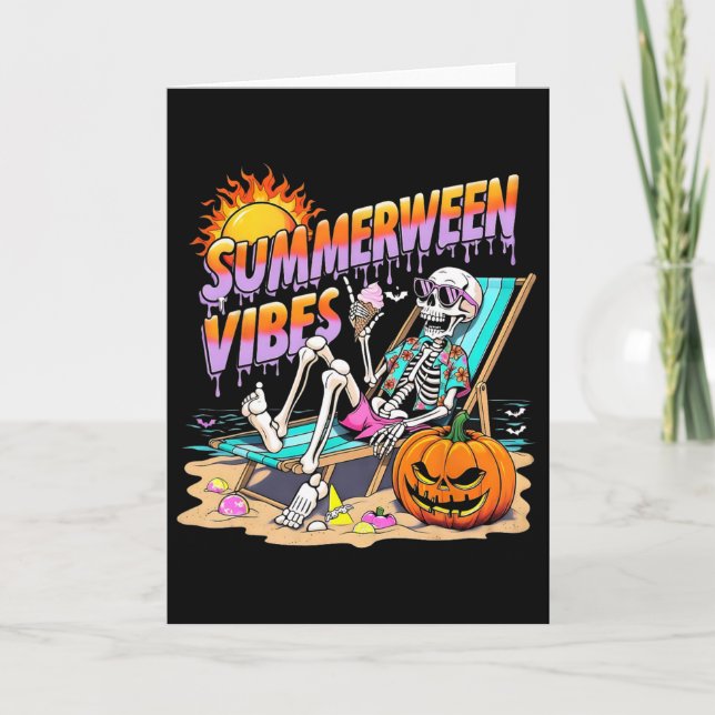 Summerween Vibes Skeleton Pumpkin Spooky Vacation  Card (Front)